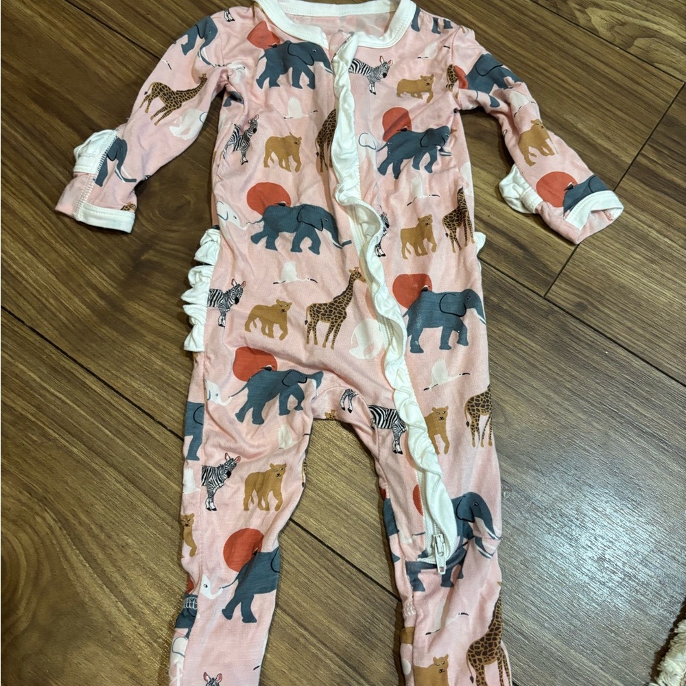 Kickee Pants Pink Safari Animal Ruffle Footless‎ Pajama Set